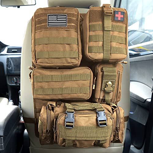Universal Tactical Car Seat Back Organizer Bag Tactical Molle Vehicle Organizers Panel Vehicle Protector Organizers with 5 Detachable Pouches for Car Truck Ford Jeep