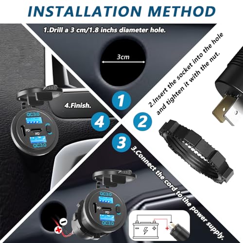 2PCS Dual PD USB C Ports & Dual USB Quick Charge 3.0 Ports 12V USB Outlet with Switch