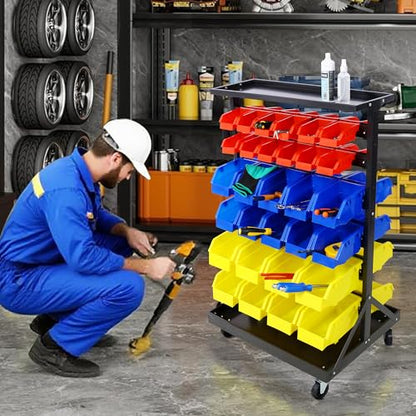 60 Parts Bin Rack Garage Storage Unit 6 Tiers System Steel Shelf with Portable Wheels