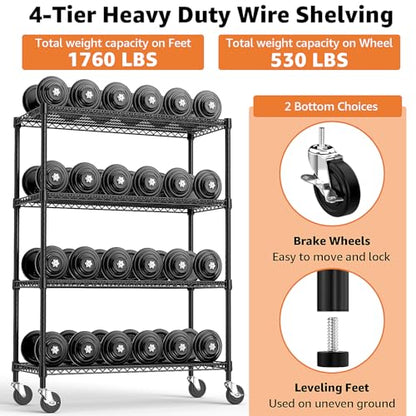 53" W Storage Shelves 1760LBS 4 Tier Metal Shelving Unit with Wheels Heavy Duty Garage Shelving Adjustable Wire Shelves for Pantry