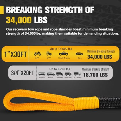 1"×30ft Kinetic Recovery Rope with 2 Soft Shackles Kit