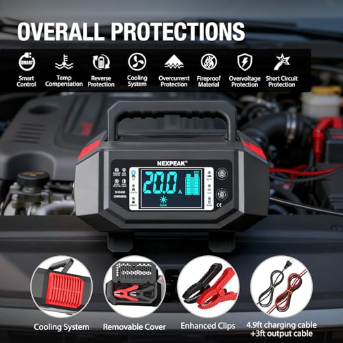 1-20A 12V/24V Car Battery Charger Trickle for LiFePO4 Lead-Acid