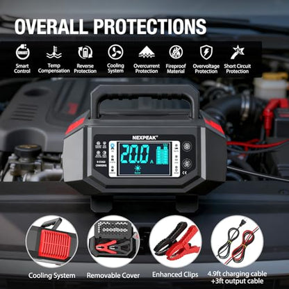 1-20A 12V/24V Car Battery Charger Trickle for LiFePO4 Lead-Acid