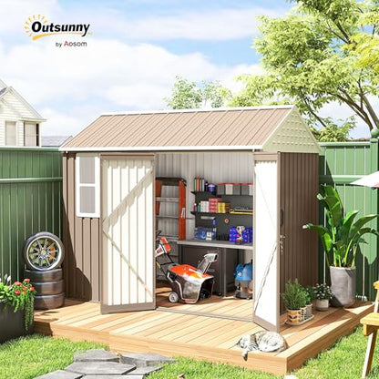 8' x 6' Outdoor Storage Shed Metal Garden Shed Window Brown