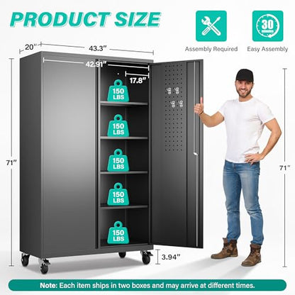 Wide & Deep Metal Storage Cabinet with Wheels