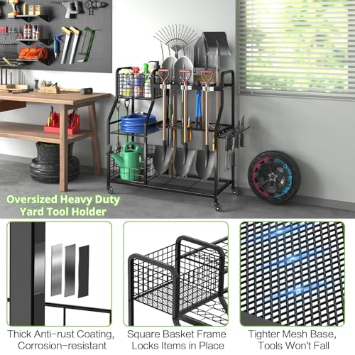 Garden Tool Holder Organizer with Heavy Duty Wheels for Garage