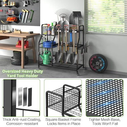 Garden Tool Holder Organizer with Heavy Duty Wheels for Garage