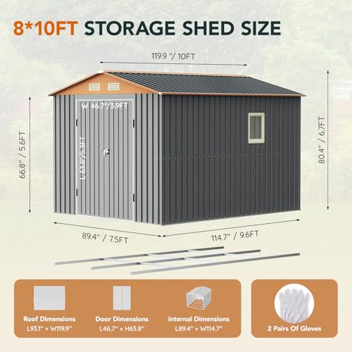 10×8FT Metal Shed & Outdoor Storage Shed with Floor Frame