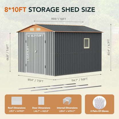 10×8FT Metal Shed & Outdoor Storage Shed with Floor Frame