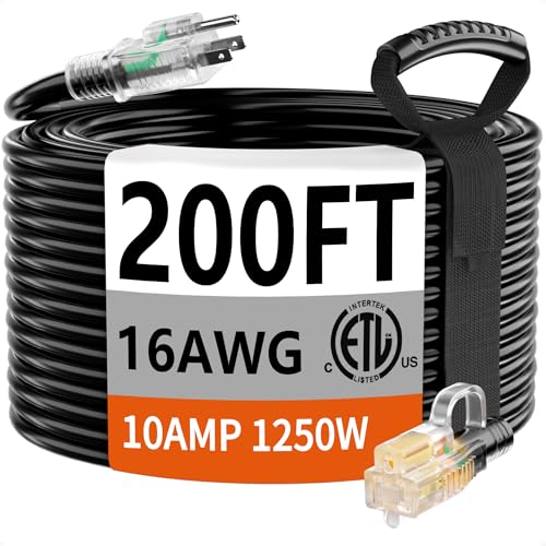 Indoor Outdoor Black Extension Cord 200 FT Waterproof 16