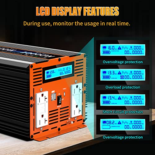 5000W Pure Sine Wave Power Inverter 12V DC to 110V 120V Converter for Family RV Off Grid Solar System Emergency Power Supply