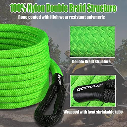 1" x30ft Kinetic Recovery Rope 46.5K lbs Heavy Duty Tow Strap Green