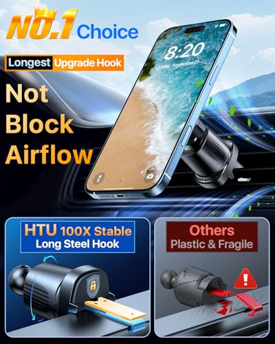 Military Grade】HTU for MagSafe Car Mount【Upgraded Strongest Suction】Magnetic Phone Holder Cell Stand for Dashboard Windshield Vent