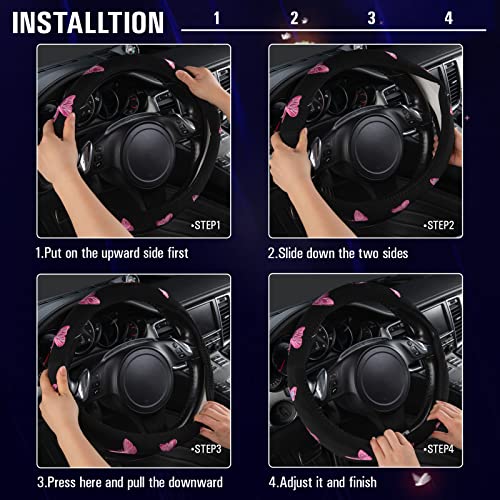 Pink Embroidery Butterfly Steering Wheel Cover