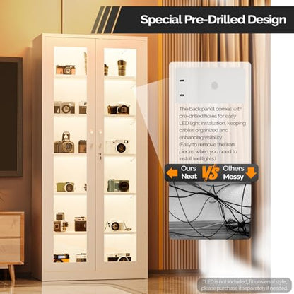 Lockable Display Cabinet with Glass Doors & 5 Adjustable Shelves