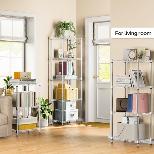 5 Tiers Shelf Metal Storage Shelves Wire Rack Closet Organizers for Garage Kitchen Bathroom Laundry Chrome 11.8" D x 17.7" W x 55" H (5 Count)