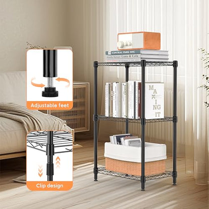3 Tiers Shelf Metal Storage Shelves Wire Rack Closet Organizers with Wheel for Garage Kitchen Bathroom Laundry Black 11.8" D x 17.7" W x 28.8" H (3 Count)