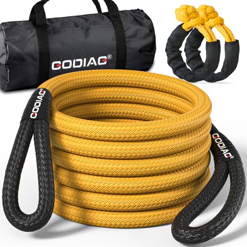 1" x20ft Kinetic Recovery Rope 33K lbs with 2 Soft Shackles Yellow