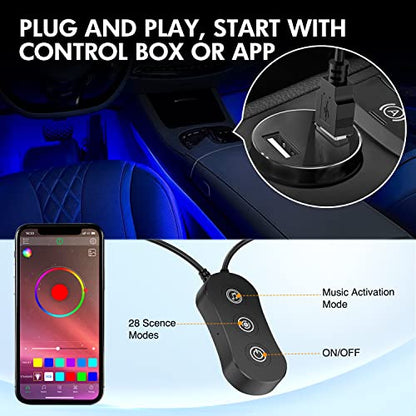 4PCS USB Car Interior Lights RGB App and Button Control
