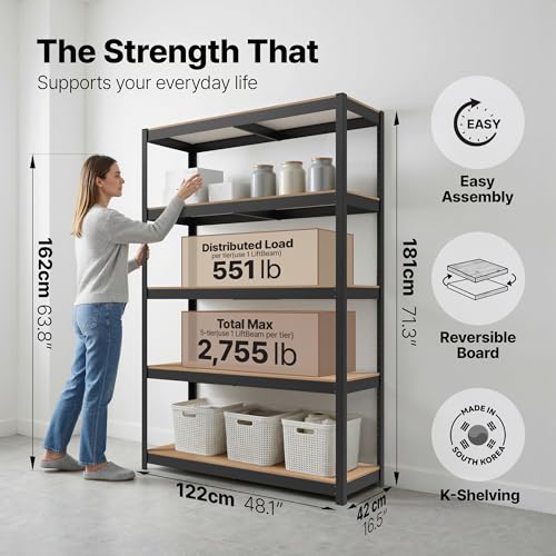 House 48.1" W 5 Tier Heavy Duty Garage Shelving Adjustable Metal Rack Storage Shelves Standing Shelf Unit Organizers Industrial Warehouse Basement Black 2Pack (2 Count)