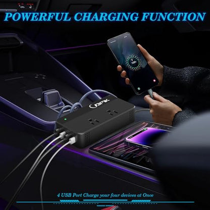 200W Car Power Inverter 12V DC to 110V AC Converter with 2 AC Outlets & 4 USB Ports