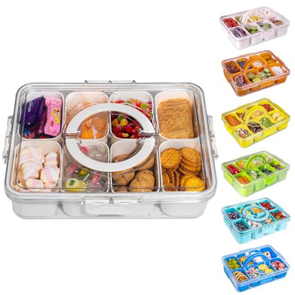 Divided Snack Serving Tray with Lid and Handle travel Snackle Box Charcuterie Container Portable Storage Organizer for Candy