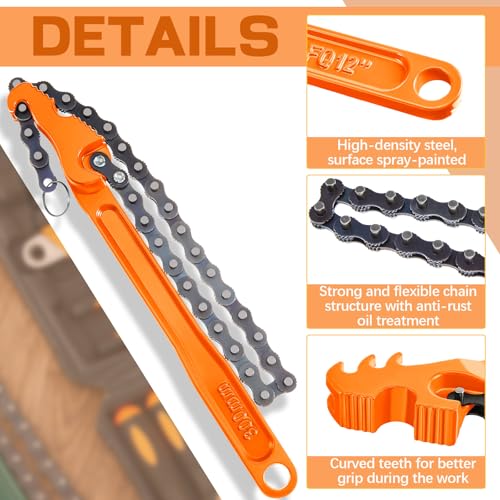 3 Pcs Large Reversible Chain Oil Filter Wrench with 12 16 9 Inch Chain Wrench Adjustable Heavy Duty Carbon Steel Sturdy Pipe Fitting Tool Spanner for Ratcheting Universal