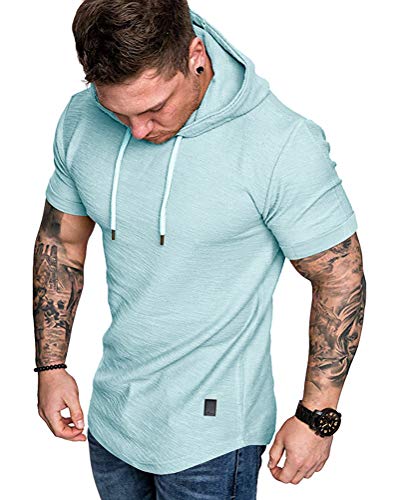 Mens Fashion Hoodies Sport Pullover Solid Color Shirt Workout Lightweight Tops Sky Blue