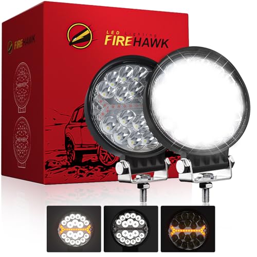 LED Light Pods Bar 4 Inch 30000LM 60W Round Spot Flood Amber White Driving Offroad Fog Work Backup Bumper for Truck Jeep ATV UTV SUV Tractor Motorcycle 4x4 Cart Trailer Boat Waterproof 2PCS