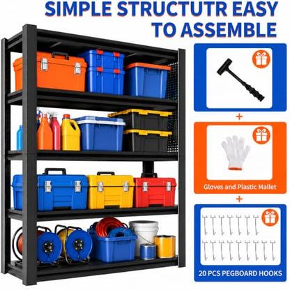 Garage Shelving Unit 5 Tier Metal Rack with Pegboard and 20 Hooks