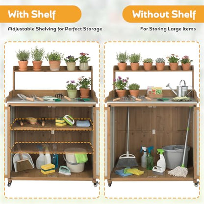 Potting Bench Table & Outdoor Storage Cabinet with Lockable Wheels