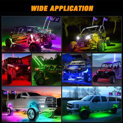 2PCS 3FT RGB LED Whip Light and 8 PCS Rock Lights Combo Kit