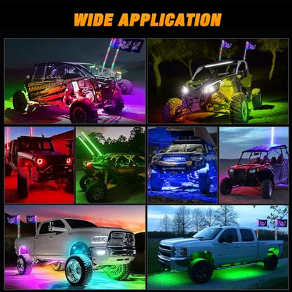 2PCS 3FT RGB LED Whip Light and 8 PCS Rock Lights Combo Kit