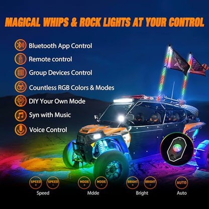 2PCS 3FT RGB LED Whip Light and 8 PCS Rock Lights Combo Kit