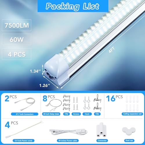 4FT LED Shop Light T8 60W 9600LM 6000K (4 Count)