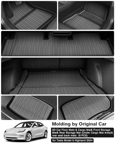 Floor Mats for 2024 2025 2026 Tesla Model 3 Highland 8 PCS Floor Cargo Liners Full Set All Weather TPE 3D 2 Row Liner Front Rear Storage Mat and Rear Seat Back Mats