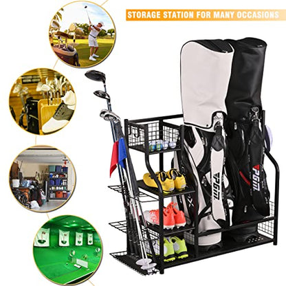 2 Golf Bag Rack Garage Storage Organizer Metal Black Golf Clubs Stand