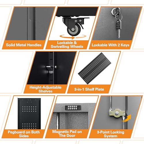 71" H Metal Tool Storage Cabinet with Lock and Wheels