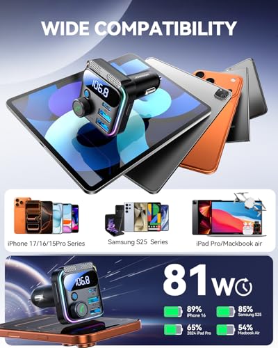 81W Bluetooth 6.0 Car Adapter Wireless FM Radio Transmitter