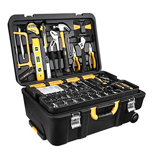 258 Piece Tool Kit with Rolling Tool Box Socket Wrench Hand Tool Set Mechanic Case Trolley Portable (258 Count)