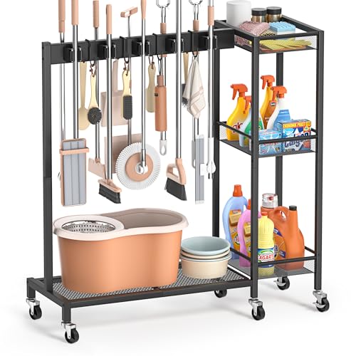 Broom Holder with Cleaning Supplies Organizer