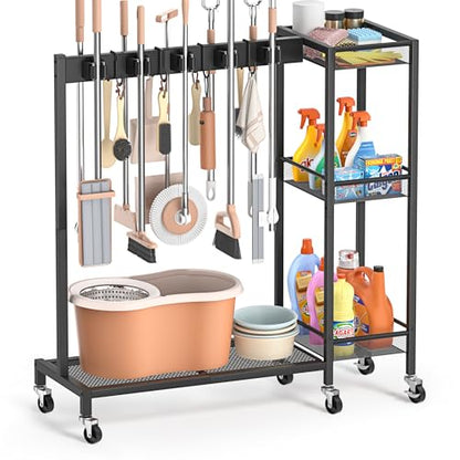 Broom Holder with Cleaning Supplies Organizer