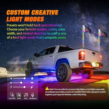RGB LED Whip Light 2PCS 4FT with 6 Rock Lights Combo