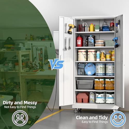 Metal Storage Cabinet with Wheels and Pegboard