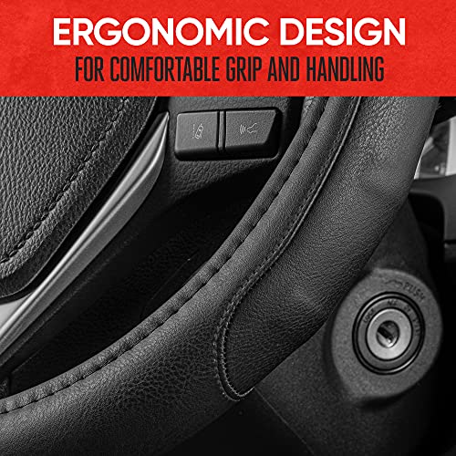 GripDrive Faux Black Leather Steering Wheel Cover for Car Truck Van SUV