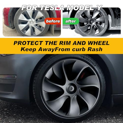 Wheel Covers 19 Inch Compatible with Tesla Model Y Accessories 2024 2023 2022 2021 Matte Black ABS Hubcaps Rim Protector Replacement（Not Fit for Model Y Juniper）