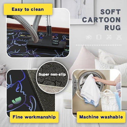 Black Play Cat Rug for Playroom for Boys Girls 2x3 Funny Cute Cat Cartoon Decor for Bedroom Living Room Non (6 Sq Ft)