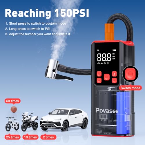 Tire Inflator Portable Air Compressor Povasee 150PSI Portable Air Pump for Tires Cordless Car Tire Inflator with LCD Display