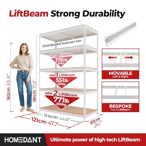 White 47.7" Deep 5 Tier Storage Shelves Garage Shelving Unit Metal