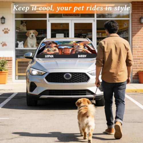 Custom Car Windshield Sun Shade with Custom Cartoon Dog and Driver Character Funny Gift for Drivers Pet Lovers Life is Better with My Dog Sun Visor for Cars